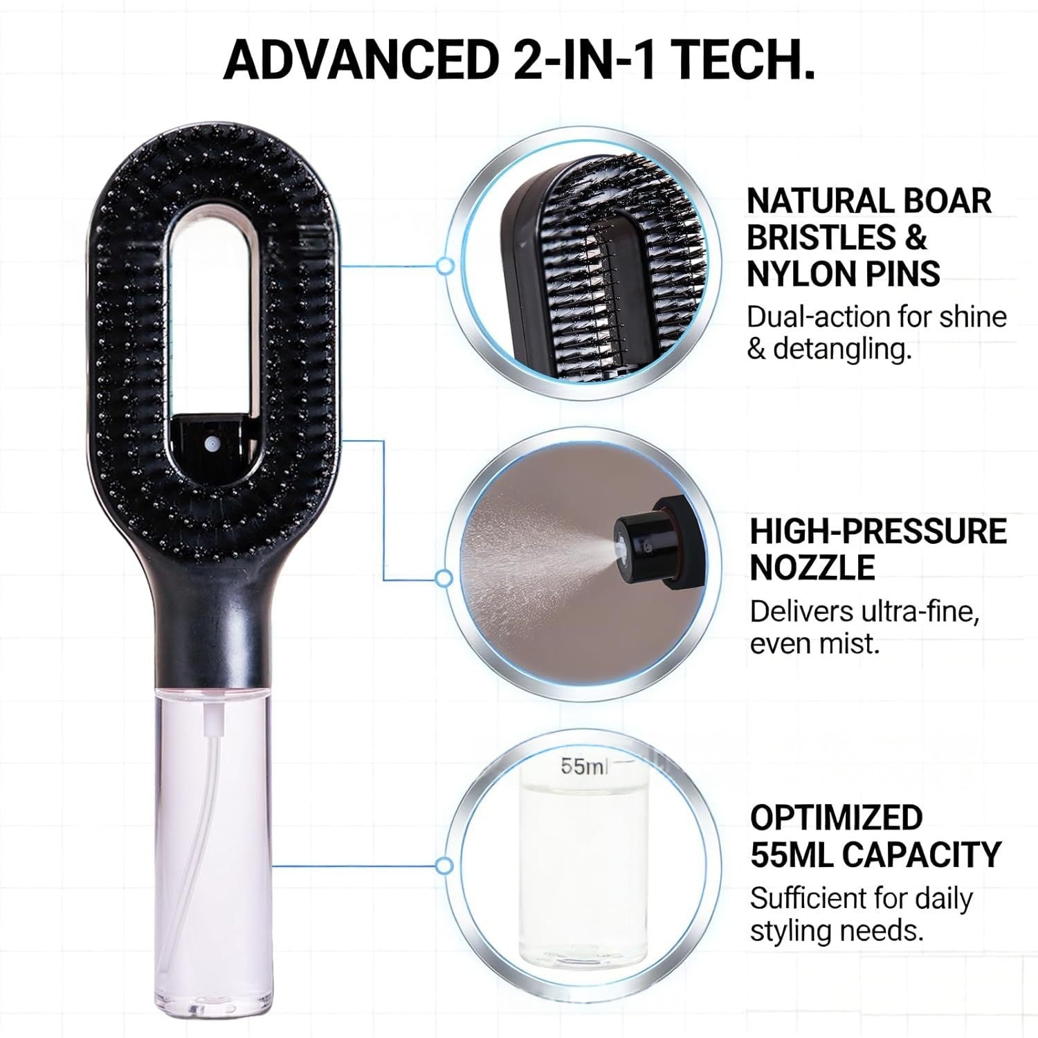 2in1 Sprayer Comb Detangling Scalp Massage Hairbrush With Spray Bottle – detail